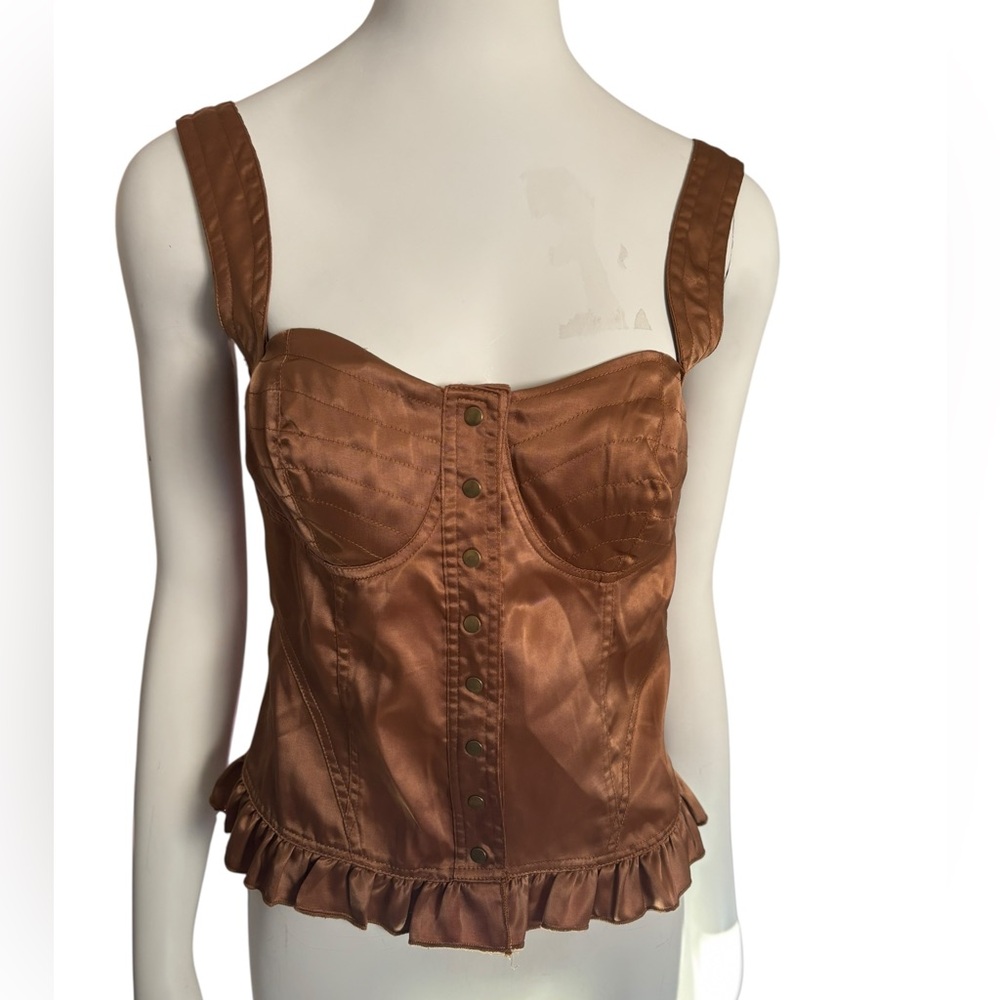 Satin‎ Corset Top Bronze Button Front Ruffle Trim Sleeveless Bustier